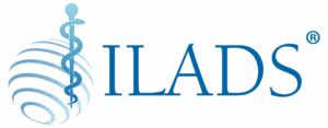 ILADS logo featuring a blue caduceus over a stylized globe with swirling lines, next to the blue text "ILADS" and a registered trademark symbol.