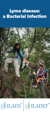 Two people hiking in a forest, one helping the other up a rocky slope. The text above reads, "Lyme disease: a Bacterial Infection." Logos for ILADS and ILADEF are at the bottom.